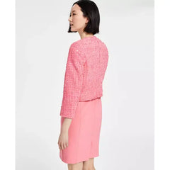 Anne Klein Womens Collarless Open Front Tweed Jacket for Work or Formal Outfits, Pink Dahlia Multi