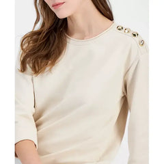 Anne Klein Womens French Terry Button, Shoulder Top Casual Soft Pullover, Soft Latte