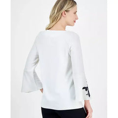 Anne Klein Womens Embroidered Bell Sleeve Boat Neck Tunic Top, Elegant Stylish Casual Blouse, White dove