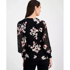 Anne Klein Womens Floral Print Smocked Wrap Top, Elegant Feminine Blouse for Day or Night
