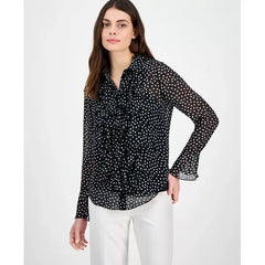 Anne Klein Womens Ruffled Polka Dot Shirt Stylish, Casual Top with Feminine Detail, Anne Black