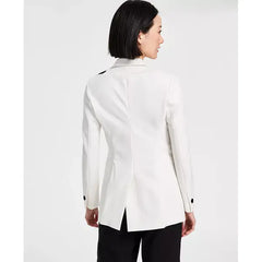 Anne Klein Womens Embroidered Notched Collar Compression Blazer, Tailored Elegant Jacket , White Dove/anne Black