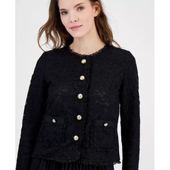 Anne Klein Womens Lace Button Front Patch Pocket Jacket, Elegant Lightweight Layer, Anne Black