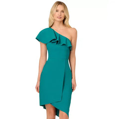 Adrianna Papell Womens Ruffle Trim Asymmetric Neck Dress, Elegant Evening or Special Occasion Outfit, Deep Emerald