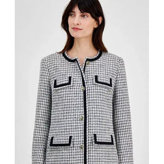 Anne Klein Womens Tweed Collarless Long Jacket, Elegant and Timeless Outerwear,Anne White/anne Black