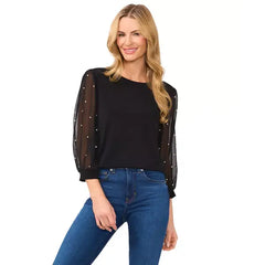 Macy's Women's Mixed Media Imitation-Pearl-Stud Top-Rich black