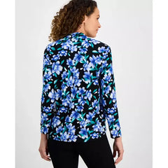 Anne Klein Petite Floral Print V Neck Roll Tab Tunic, Flowy Lightweight Top, Vibrant Cobalt Multi