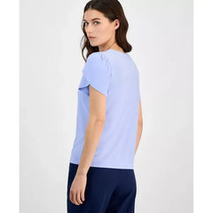 Anne Klein Petite Gathered Tulip Short Sleeve Top, Fresh Blue ,Size P/XS