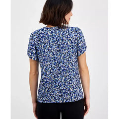 Anne Klein Petite Gathered Tulip Short Sleeve Printed Top, Vibrant Cobalt Multi, Size P/XXS
