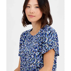 Anne Klein Petite Gathered Tulip Short Sleeve Printed Top, Vibrant Cobalt Multi, Size P/XXS