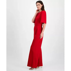 Women's Keyhole Buckle-Belt Wide-Leg Jumpsuit,Created by Macy's-Crimson