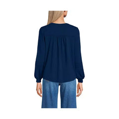 Macy's Women's Long Sleeve Lightweight Jersey Pintuck Embroidery Top-Deep sea navy
