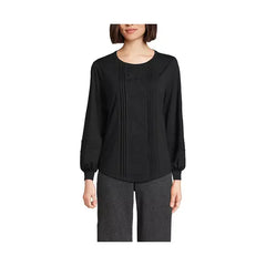 Macy's Women's Long Sleeve Lightweight Jersey Pintuck Embroidery Top-Black