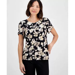 Anne Klein Petite Gathered Tulip Short Sleeve Printed Top, Stylish and Flattering Blouse, Anne Black Multi