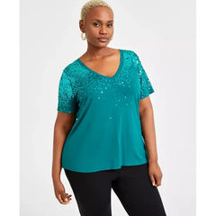 Plus Size Raining Sequin V-Neck Top, Created for Macy's-Green tourmaline