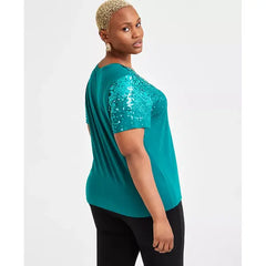 Plus Size Raining Sequin V-Neck Top, Created for Macy's-Green tourmaline