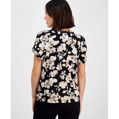 Anne Klein Petite Gathered Tulip Short Sleeve Printed Top, Stylish and Flattering Blouse, Anne Black Multi