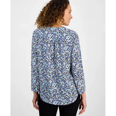 Anne Klein Petite Long Sleeve V Neck Pleat Front Printed Tunic Stylish Comfortable Top for Everyday Wear, Vibrant Cobalt Multi