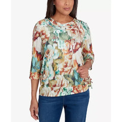 Alfred Dunner Women's Classic Earth Floral Crew Neck Top, Multi