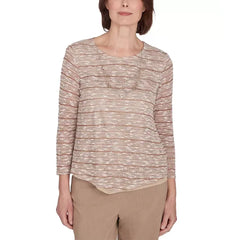 Alfred Dunner Women's Charm School Space Dye Textured Top with Necklace , Toast, Size Large