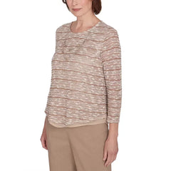 Alfred Dunner Women's Charm School Space Dye Textured Top with Necklace , Toast, Size Large