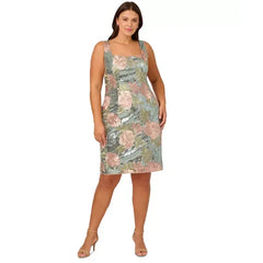 Adrianna Papell Plus Size Sequin Embroidery Sheath Dress, Perfect for Glamorous Occasions,Sage Multi