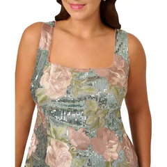 Adrianna Papell Plus Size Sequin Embroidery Sheath Dress for Glamorous Occasions, Sage Multi