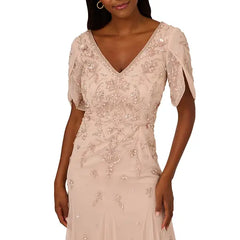 Adrianna Papell Women's Beaded Mesh Godet Midi Dress, Perfect for Elegant Evenings and Special Occasions, Shell