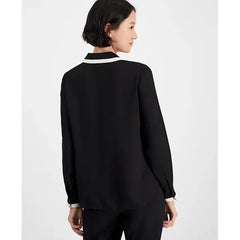 Anne Klein Womens Contrast Trim Button Front Blouse, Elegant Stylish Womens Top