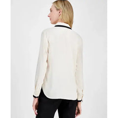Anne Klein Womens Contrast Trim Button Front Blouse, Elegant Stylish Womens Top