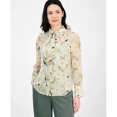 Anne Klein Womens Floral Print Tie Neck Blouse, Elegant Stylish Top