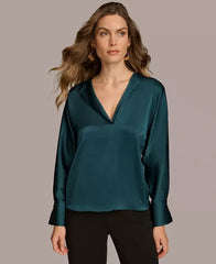 Macy's Donna Karan Women's Long Sleeve V-Neck Blouse-Peacock Blue