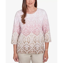 Alfred Dunner Women's Coming Up Roses Ombre Medallion Three Quarter Sleeve Top with Necklace, Multi Pink , Size S