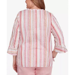 Alfred Dunner Plus Size Coming Up Roses Striped Button Down Embroidered Sleeve Top, Pink Multi