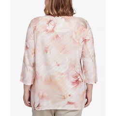 Alfred Dunner Plus Size Coming Up Roses Textured Watercolor Flower Top with Necklace, Pink Multi, Size 1X