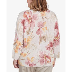 Alfred Dunner Plus Size Coming Up Roses Crew Neck Floral Sweater, Neutral Multi, Size 1X