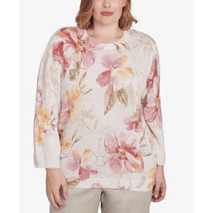 Alfred Dunner Plus Size Coming Up Roses Crew Neck Floral Sweater, Neutral Multi, Size 1X