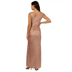 Adrianna Papell Women's Waterfall-Ruffle Metallic Finish Gown Perfect for Glamorous Evenings, Rose Gold