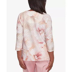 Alfred Dunner Petite Textured Watercolor Flower Top with Necklace, Multi Pink