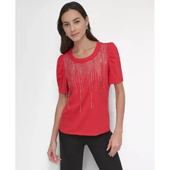 Macy's Women's Crewneck Embellished-Fringe Short-Sleeve Top-Red