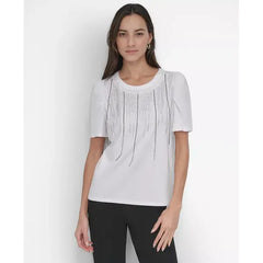Macy's Women's Crewneck Embellished-Fringe Short-Sleeve Top-White
