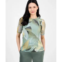 Anne Klein Women's Abstract Print Elbow Sleeve Mesh Top, Stylish Lightweight Womens Top, Soft Aloe Multi