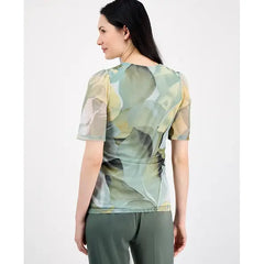 Anne Klein Women's Abstract Print Elbow Sleeve Mesh Top, Stylish Lightweight Womens Top, Soft Aloe Multi