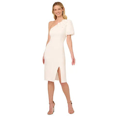 Adrianna Papell Womens One Shoulder Scuba Sheath Dress, Special Occasion Outfit, Ivory