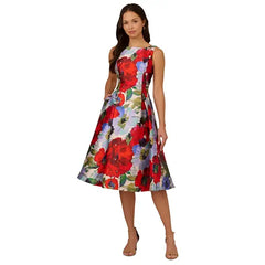 Adrianna Papell Womens Floral Print Mikado Midi Dress Elegant Style for Formal Occasions, Ivory/Red Multi