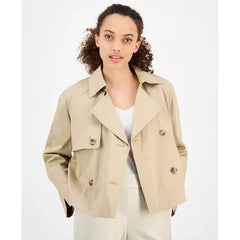 Anne Klein Petite Short Double Breasted Trench Coat, Stylish and Classic Outerwear, Ak Khaki
