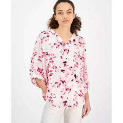 Anne Klein Petite Floral Print V Neck Roll Tab Tunic, Flowy Lightweight Top , Anne White Multi