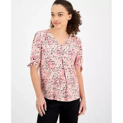 Anne Klein Petite Tie Cuff Front Pleated Printed Top, Stylish and Elegant Women's Top