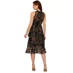 Adrianna Papell Womens Floral Print Ruffled Sleeveless A Line Dress, Elegant Daytime or Garden Party Outfit, Black Multi , Size 16