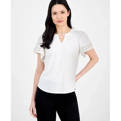 Anne Klein Womens Harmony Keyhole Neck Flutter Sleeve Top, Elegant Lightweight Blouse for Work or Casual